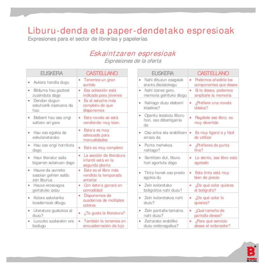 Expresiones del sector de librerías y papelerías (eu-es)