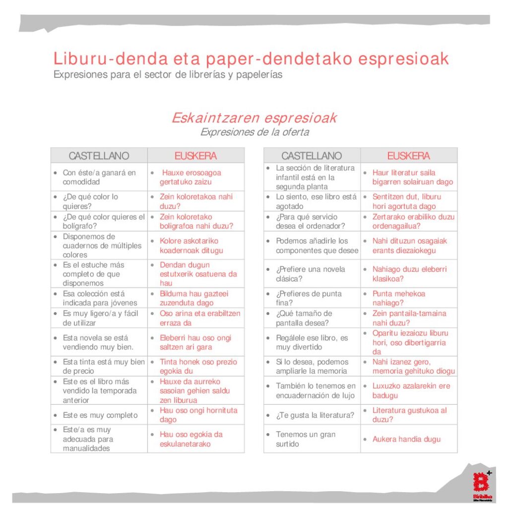 Expresiones del sector de librerías y papelerías (es-eu)